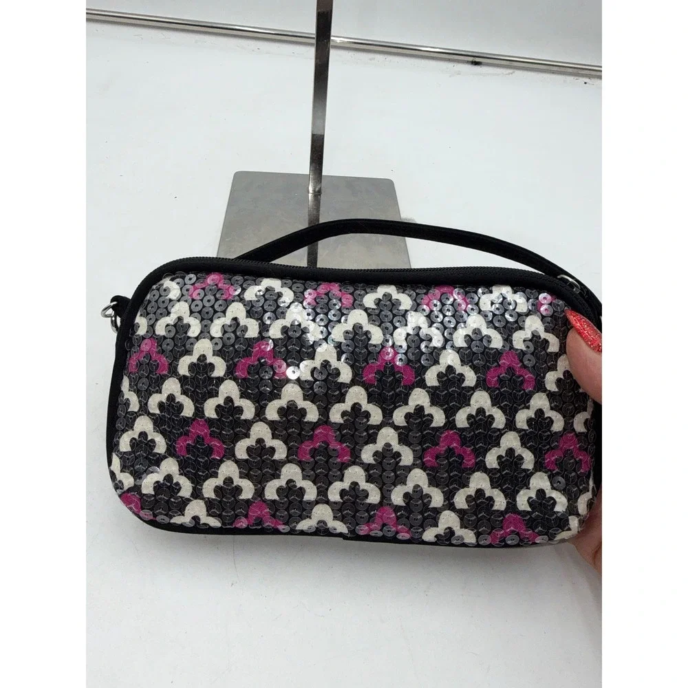 Vera Bradley Sequin Wristlet Bag Black Fuchsia White Geometric Sparkle Clutch